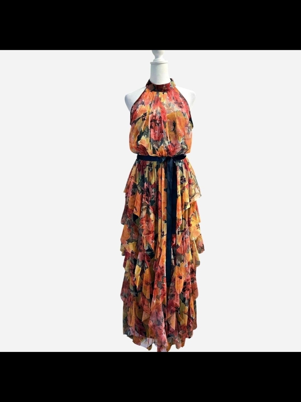 Sleeveless Floral Halter Tiered Maxi Dress - Orange Multi Size M